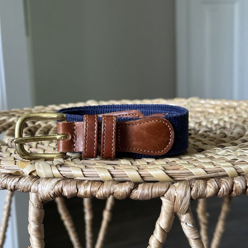 Vintage Coach Women’s Belt Brown Leather Navy Blue Linen Size 30 Brass Buckle